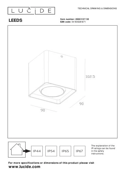 Lucide LEEDS - Plafonnière Buiten - LED - 1x9W 2700K - IP54 - Zwart - technisch